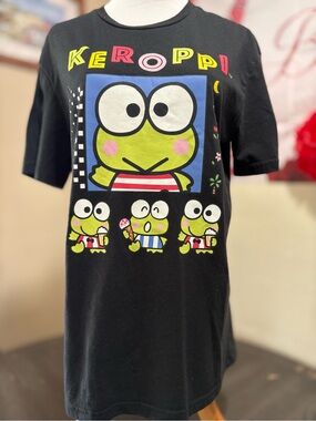 Sanrio Keroppi Black Tee with Neon Green, Pink & Blue Accents